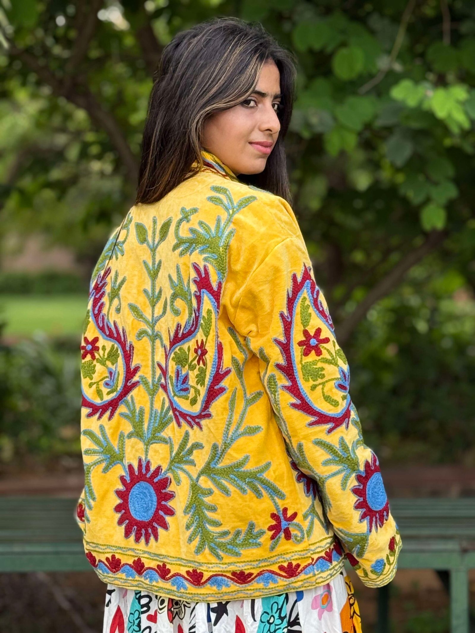 Womens Yellow Velvet Embroidered Jacket with Floral Design