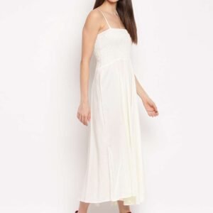 Women's Viscose Rayon Solid Shoulder Straps Sleeveless Flared Gown Drees (Cream)